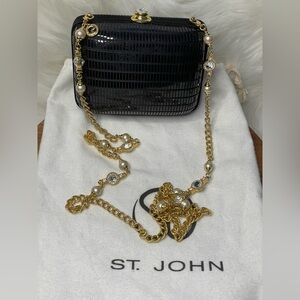 ST. JOHN Black Evening Bag w/Gold Tone, Pearl, & Crystal Shoulder Strap